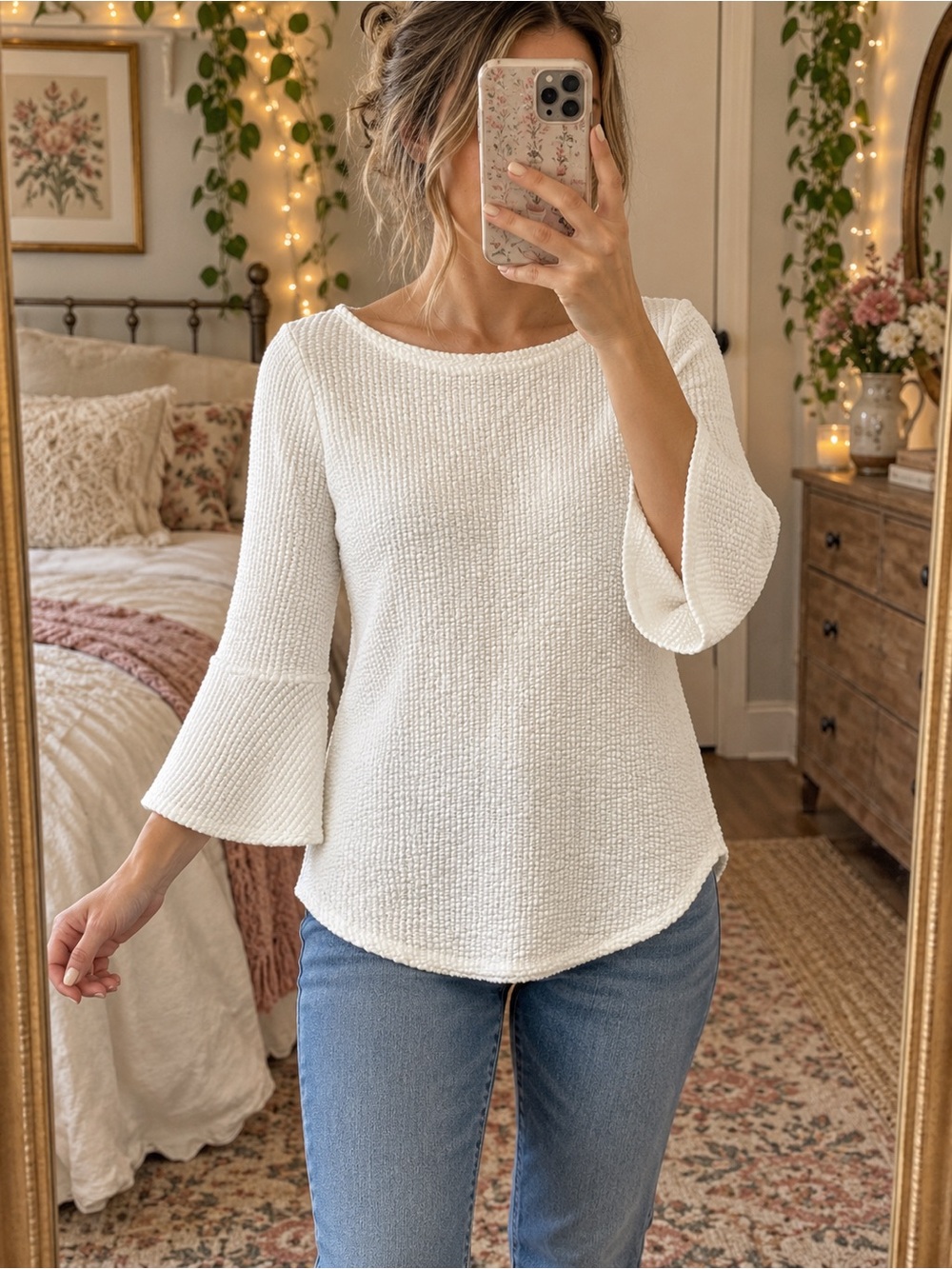 White Textured Bell-Sleeve Knit Top - Women
